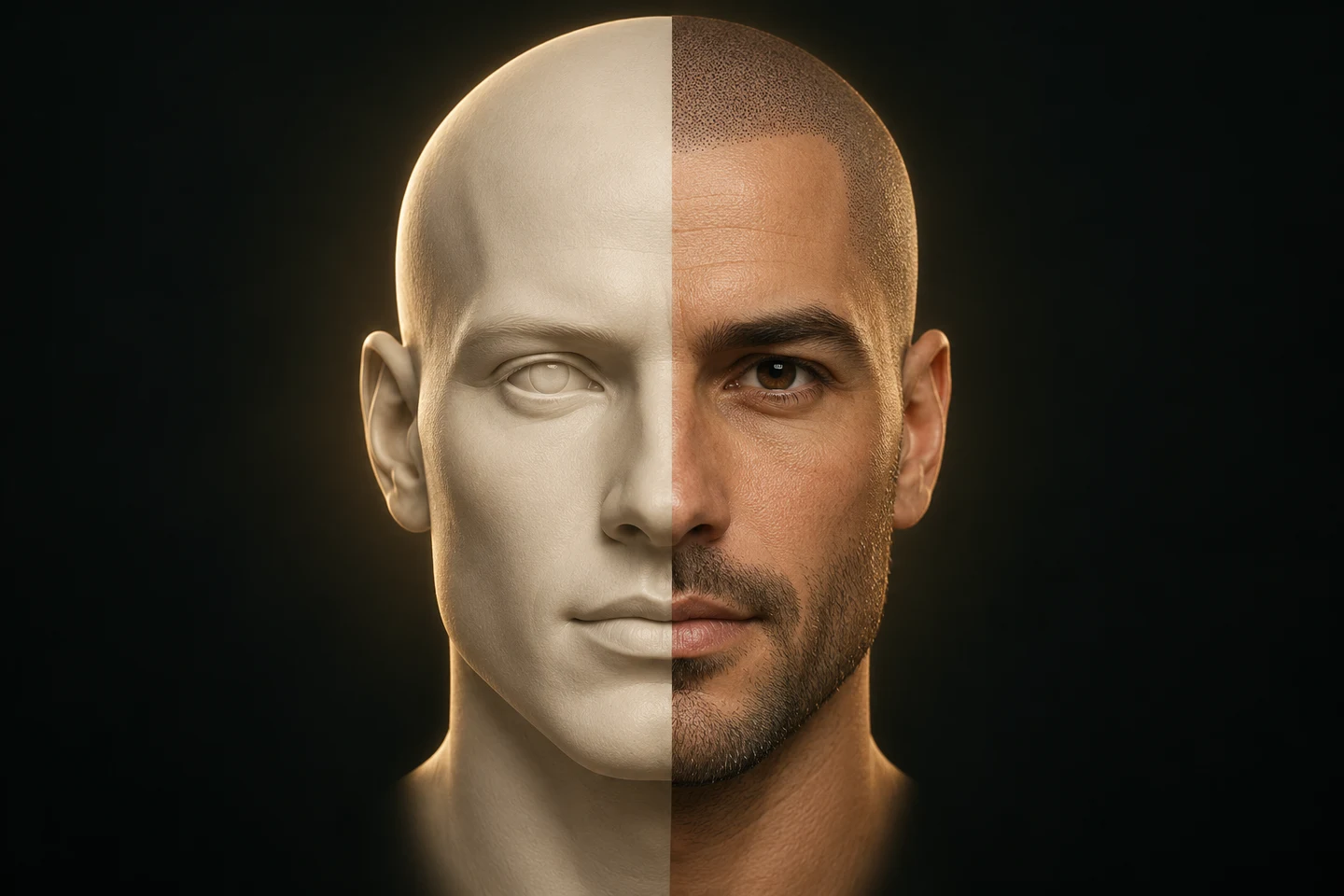 Concept artwork: half ivory mannequin, half human with scalp micropigmentation